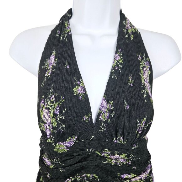 Womens Size S Black Floral Halter Mini Dress With Open Back Lined Sexy Party - Picture 6 of 11